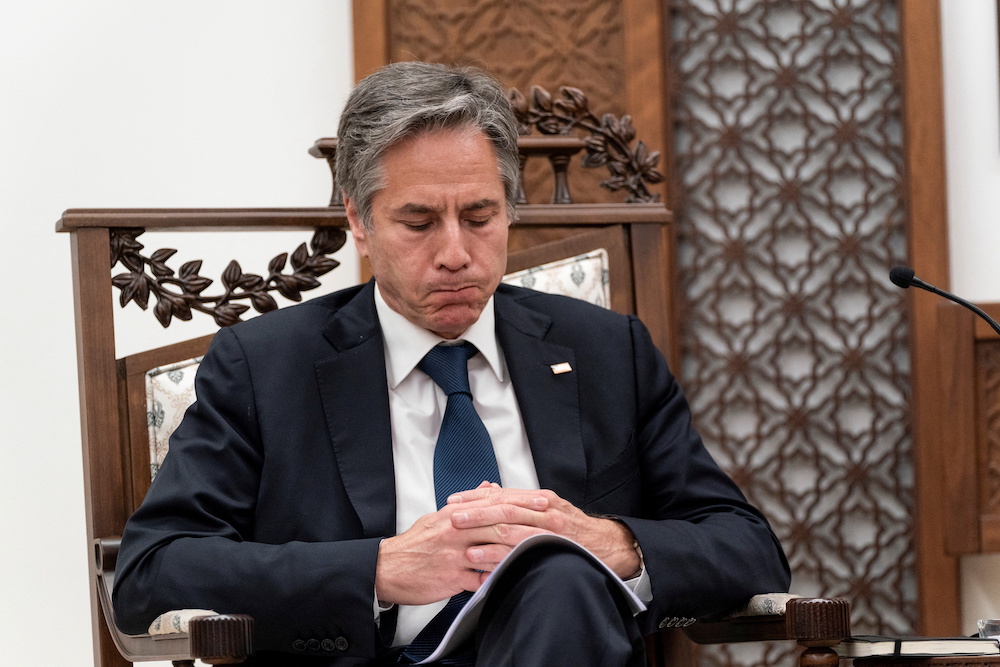 US Secretary of State Antony Blinken pauses while speaking during a joint press conference with Palestinian President Mahmoud Abbas (not pictured), in the West Bank city of Ramallah, May 25, 2021. (Reuters)