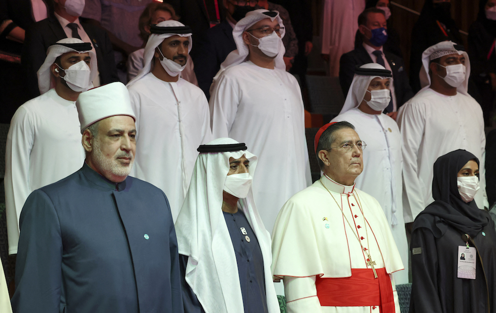 Cardinal Miguel Angel Ayuso, Sheikh Nahyan Mubarak Al-Nahyan and Dr Muhammad Al-Duwaini Al-Azhar, the Deputy of the Grand Imam, attend a round table entitled "Human fraternity and the Global Tolerance Alliance" in Dubai. (AFP)