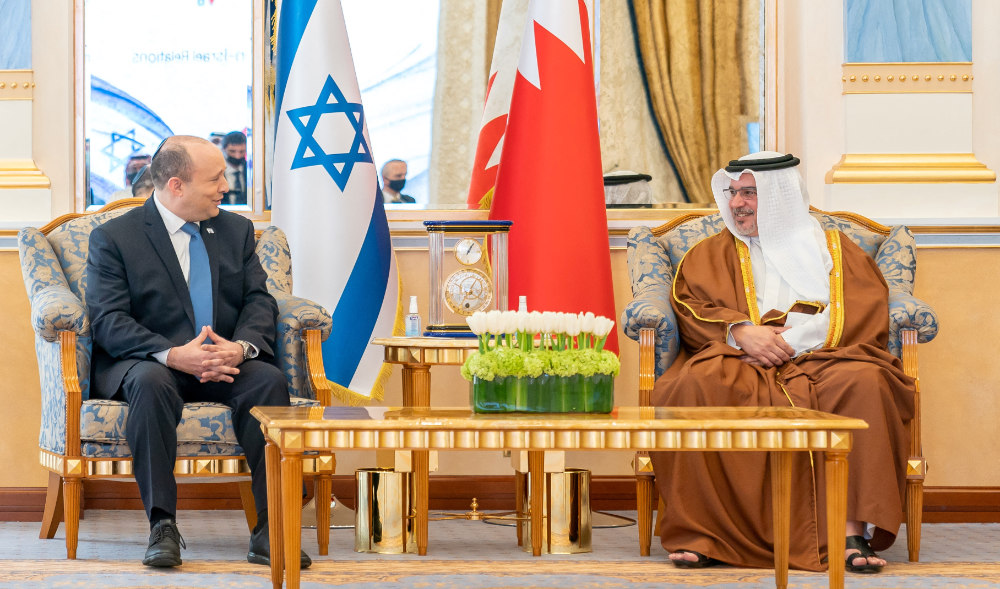 Bahrain Crown Prince and Prime Minister, Prince Salman bin Hamad Al Khalifa receives Israeli Prime Minister Naftali Bennett at Gudaibiya Palace, Manama, Bahrain, February, 15, 2022. (Reuters)