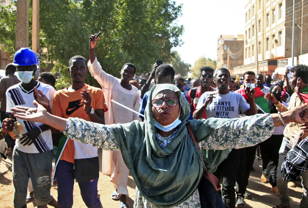 Sudanese protesters call for civilian rule during a rally in Khartoum's twin city of Umdurman on Feb. 14, 2022. (AFP)