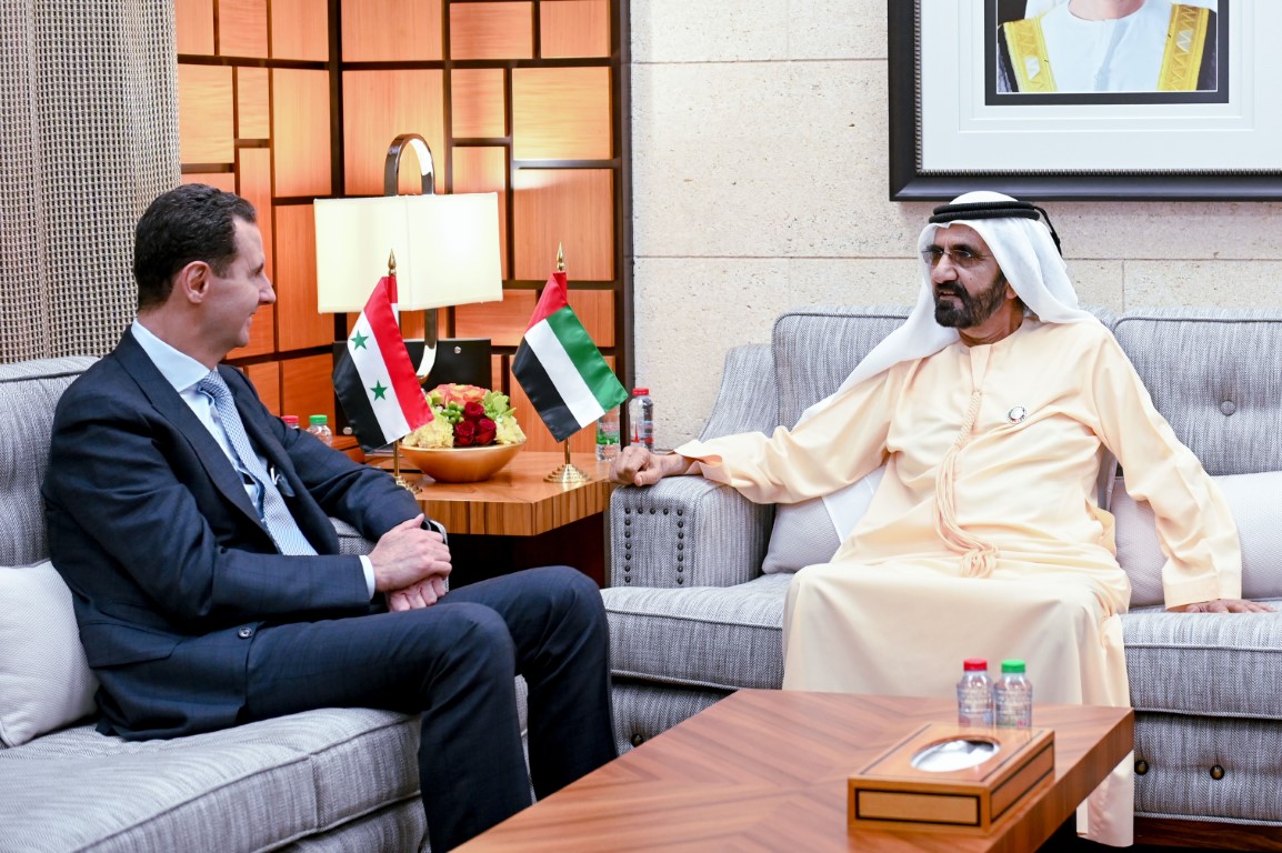 UAE Vice President and Prime Minister and Ruler of Dubai Sheikh Mohammed bin Rashid receives Syrian President Bashar Assad. (WAM)