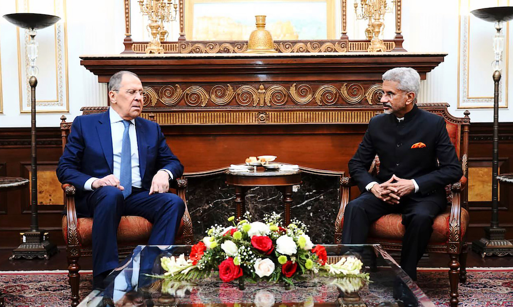 CAPTION:  Indian Foreign Minister Subrahmanyam Jaishankar and his Russian counterpart Sergei Lavrov sit for a meeting in New Delhi on  Friday. (AP)