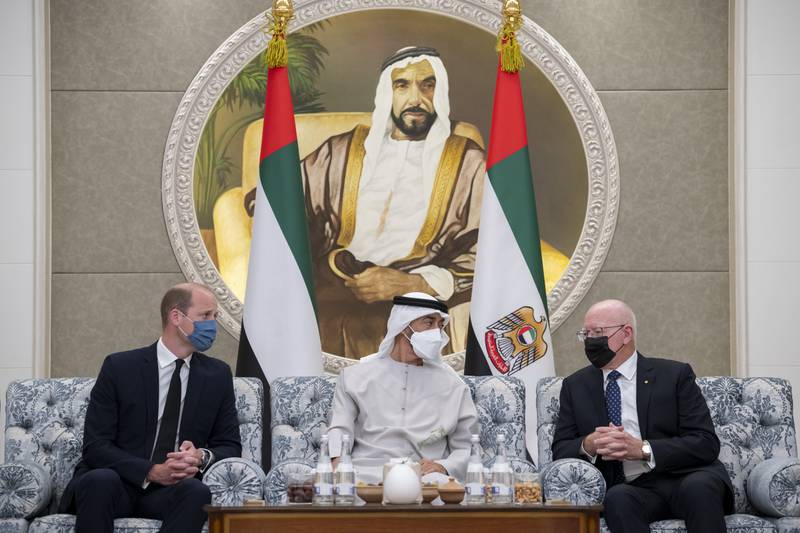 Britain’s Prince William met newly-appointed UAE president Sheikh Mohammed bin Zayed Al Nahyan in Abu Dhabi. (Ministry of Presidential Affairs)