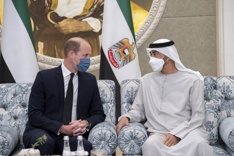 Britain’s Prince William met newly-appointed UAE president Sheikh Mohammed bin Zayed Al Nahyan in Abu Dhabi. (Ministry of Presidential Affairs)