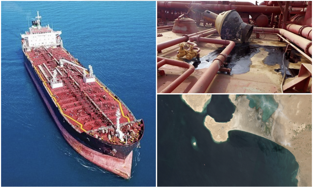 The UN is racing to prevent oil-storage vessel FSO Safer (left), used by the Houthis as a bargaining chip, from sparking a catastrophic oil spill owing to leakage or explosion. (AP/AFP)