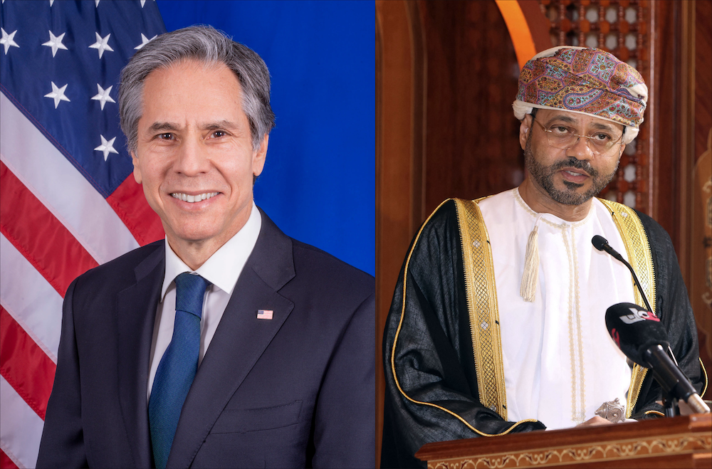 US Secretary of State Antony Blinken spoke with his Omani counterpart Sayyid Badr Al-Busaidi. (State Department/AFP)