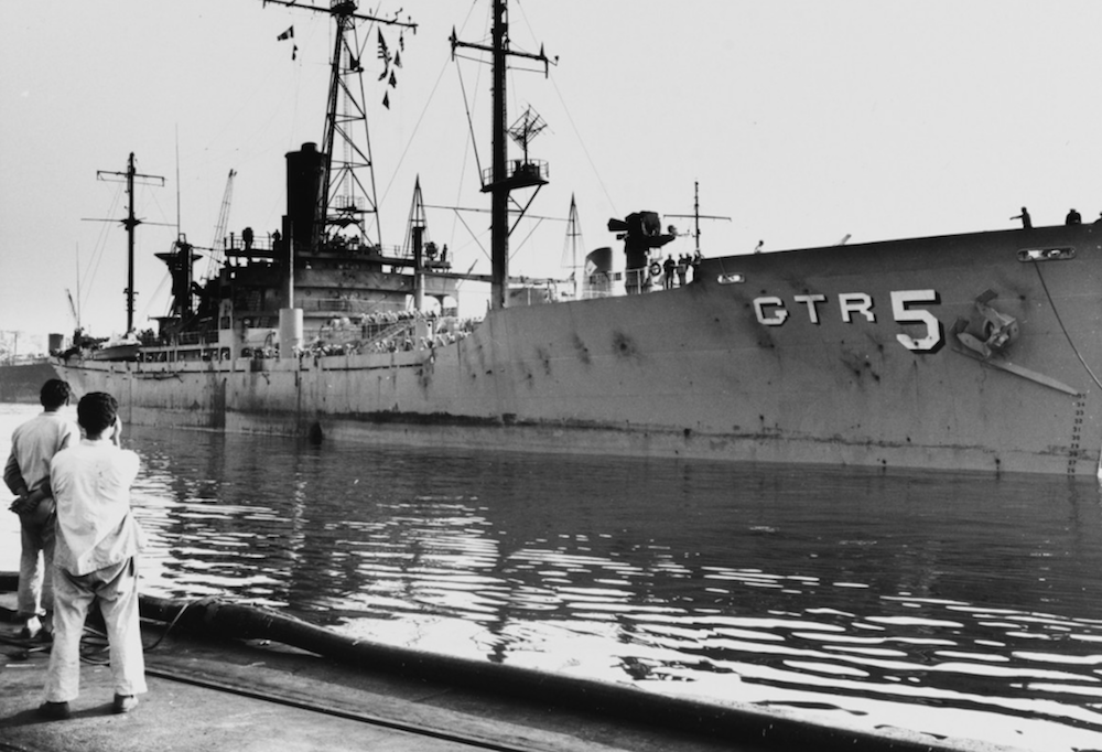 USS Liberty (AGTR-5) At Valletta, Malta, after arriving there for repair of damages received when she was attacked by Israeli forces off the Sinai Peninsula on 8 June 1967. (PH1 J.J. Kelly, Naval History and Heritage Command)