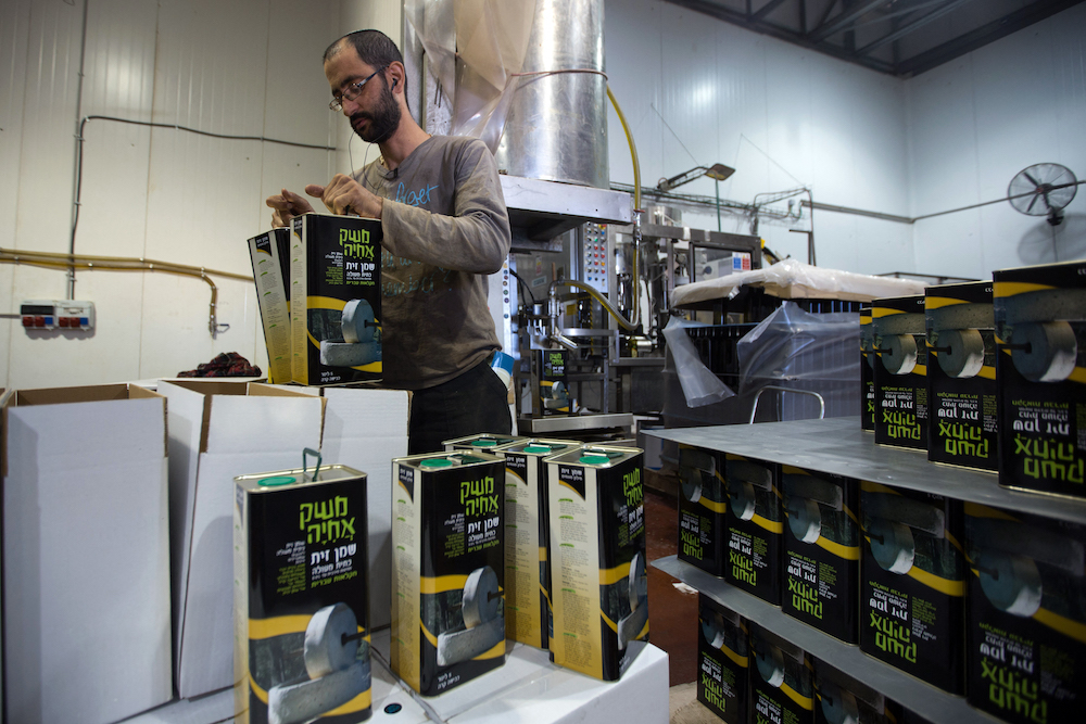 An Israeli settler prepares oil containers at the Achia Olive press factory in the Jewish settlement of Shilo in the occupied West Bank. (File/AFP)