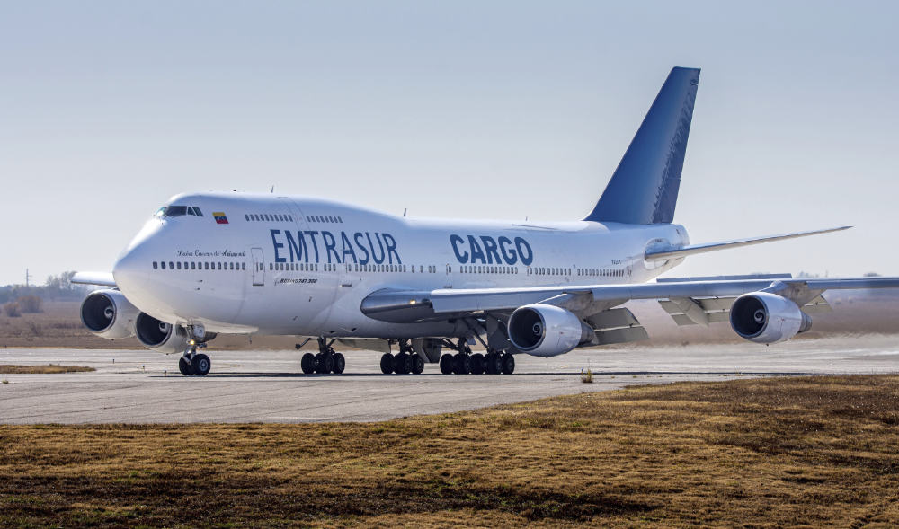 A Venezuelan-owned Boeing 747 taxis on the runway after landing in the Ambrosio Taravella airport in Cordoba, Argentina, Monday, June 6, 2022. (AP)