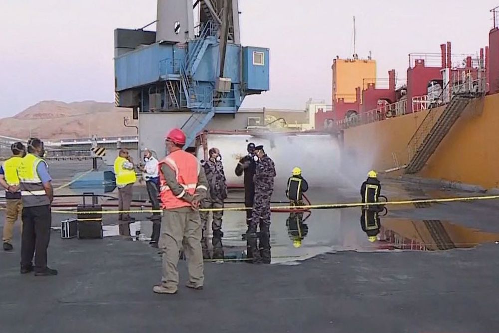 At least 11 people have died and more than 230 were being treated in hospital after a toxic gas leak from a storage tank in Jordan's Aqaba port. (Screenshot/Jordan TV)