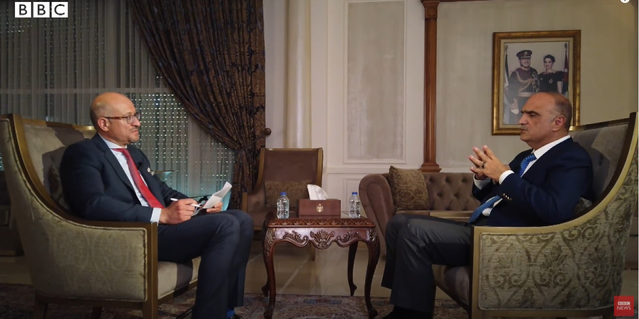 Jordanian Prime Minister Bisher Khasawneh in an interview with the BBC Arabic’s Murad Shishani. (Screenshot/Petra News Agency)