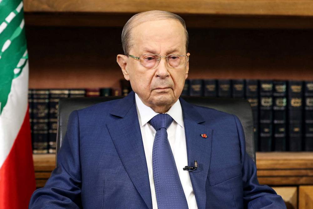 Lebanon’s President Michel Aoun gives a televised speech at the presidential palace in Baabda, east of Beirut. (File/Dalati and Nohra/AFP)