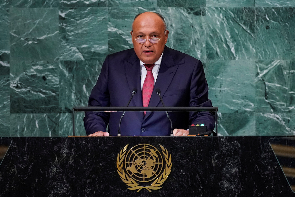 Egyptian Foreign Minister Sameh Shoukry addresses the 77th Session of the UN General Assembly. (Reuters)