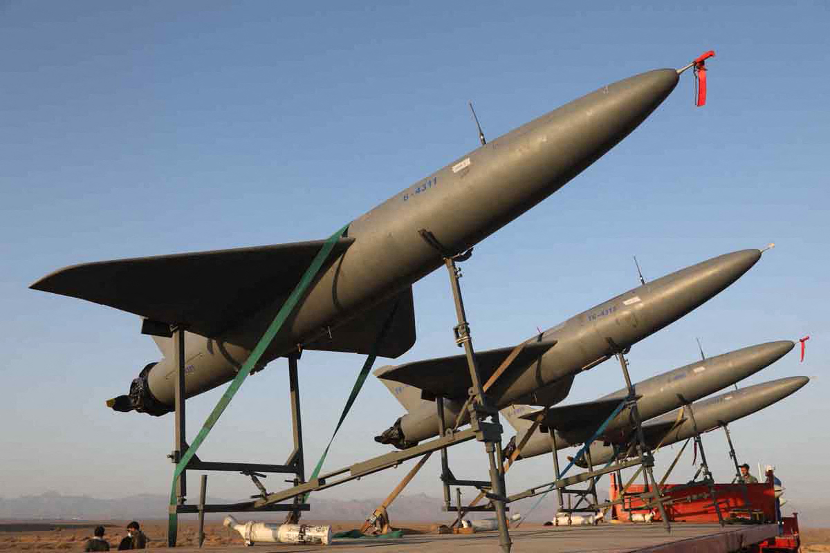 A handout picture provided by Iranian Army office on August 24, 2022 shows kamikaze drones during a two-day drone drill at an undisclosed location in Iran. (AFP)