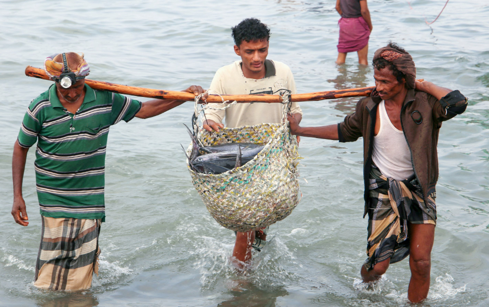 Yemeni fishermen unload their catch from boats at a beach on the Red Sea coast in the Khokha district of the western province of Hodeida, on May 7, 2022. (AFP)