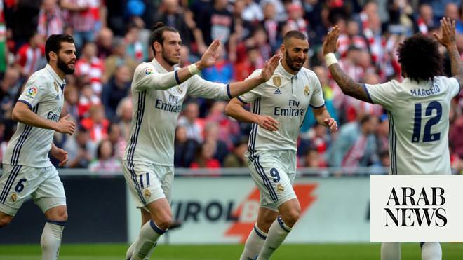 Marcelo Karim Benzema and Gareth Bale of Real Madrid present their