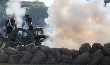 French soldiers recreating the siege of Burgos Castle battle during the Peninsular War (1808-1814), part of the Napoleonic Wars,