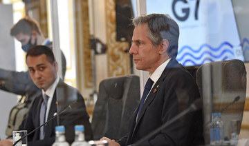 US Secretary of State Antony Blinken (R) sits with Italian Minister of Foreign Affairs Luigi Di Maio, at the start of the G7 foreign ministers meeting in London Tuesday May 4, 2021. (AP)