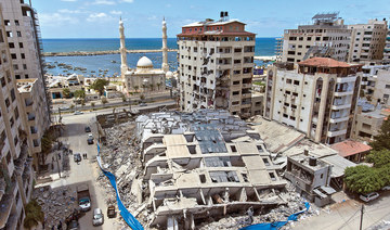 An aerial view of a destroyed building in Gaza City after it was hit last week by Israeli airstrikes. (AP)