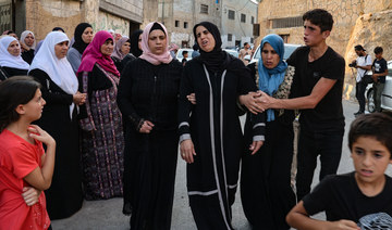 Family members react during the funeral of a Palestinian protester Imad Ali Mohammad Dweikat, who reportedly died of his wounds sustained during confrontations with Israeli forces earlier Friday in Nablus. (AFP)