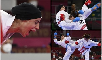 Feryal Abdelaziz claimed glorious gold for Egypt after beating Irina Zaretska 2-0 in the final for the Women’s Karate Kumite +61 kilogram competition at Tokyo 2020. (AFP)