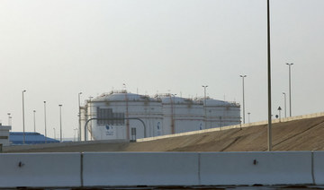 A storage facility belonging to ADNOC in the Msaffah industrial district in Abu Dhabi. Three people were killed in a suspected drone attack that set off a blast and a fire. (AFP)