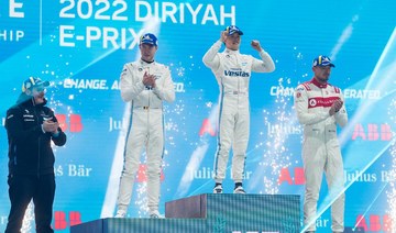 Mercedes-EQ driver Nyck de Vries (C) has won the Formula E Season 8-opening Diriyah E-Prix for the second year running. (SPA)