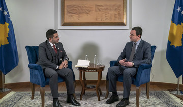 Prime Minister Albin Kurti speaking to Arab News’ Faisal J. Abbas during an exclusive interview at his office in Pristina to mark the 14th Independence Day of Kosovo. (AN Photo/Ziyad Alarfaj)