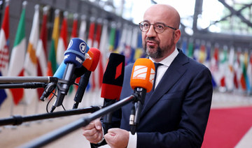 President of the European Council Charles Michel talks to press in Brussels on May 30, 2022. (AFP)