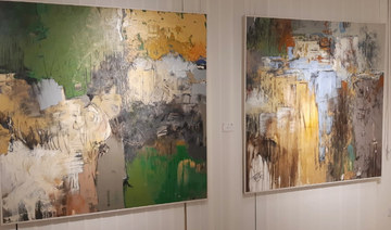 Artwork by Saudi artists fahd Khulaif, left, and nawal al-Suraihi being displayed at the 6-icons exhibition by 55-icon Gallery. 