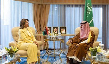 Saudi FM Prince Faisal bin Farhan and his Libyan counterpart Najla Mangoush. (SPA)