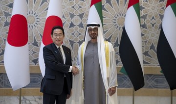 Japanese Prime Minister Fumio Kishida is greeted in the UAE’s capital Abu Dhabi on Monday by President Sheikh Mohamed bin Zayed.