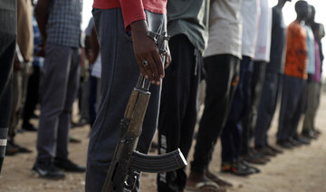 Civilians recruited by the Sudanese army take part in military training in the Kassinger area of Sudan’s Northern State. 