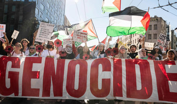 People take part in a "Palestine Solidarity" march in San Francisco, California, on November 4, 2023. (AFP)