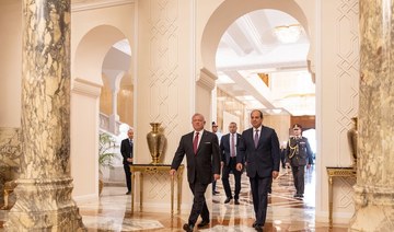 Jordan’s King Abdullah II and Egyptian President Abdel Fattah El-Sisi hold a meeting in Cairo. (Twitter/@RHCJO)