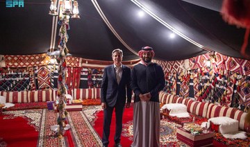 Saudi Arabia’s Crown Prince Mohammed bin Salman receives US Secretary of State Antony Blinken at the Winter Tent in AlUla Monday