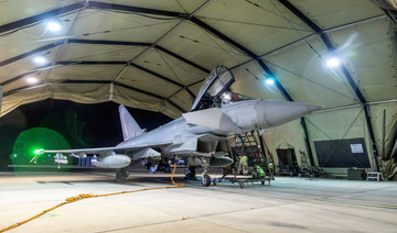 RAF Typhoon aircraft is pictured at RAF Akrotiri following its return after striking military targets in Yemen.