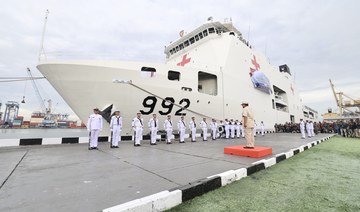 Indonesian Defense Minister Prabowo Subianto sends off an Indonesian Navy hospital ship, the KRI Radjiman Wedyodiningrat-992.