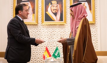 Saudi Foreign Minister Prince Faisal bin Farhan and his Spanish counterpart Jose Manuel Albares in Riyadh. (SPA)