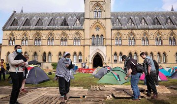 Pro-Palestinian supporters set up a camp on the campus at Oxford University, in Oxford, eastern England on May 7, 2024. (AFP)