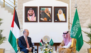 Saudi Arabia’s Foreign Minister Prince Faisal bin Farhan receives Palestinian Prime Minister Mohammad Mustafa in Riyadh.