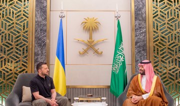 Saudi Arabia’s Crown Prince Mohammed bin Salman receives Ukrainian President Volodymyr Zelensky in Jeddah on Wednesday. (SPA)