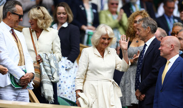 Britain's Queen Camilla is seen in the royal box on centre court at Wimbledon before the start of play, July 10, 2024. (Reuters)