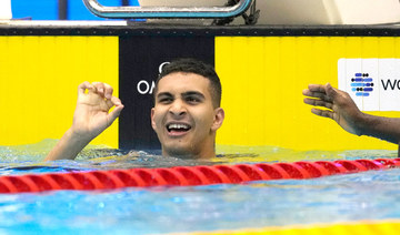 Palestinian swimmer Yazan Al Bawwab reacts during the men's 100m freestyle heats at the World Swimming Championships in Fukuoka.