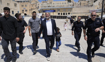 Israel’s far-right National Security Minister Itamar Ben-Gvir (C) approaches the entrance to Jerusalem’s most sensitive site. 