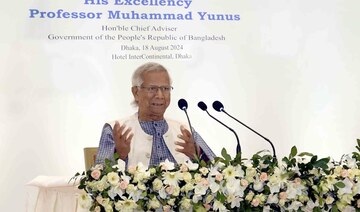 Muhammad Yunus, chief adviser of Bangladesh’s interim government, addresses foreign diplomats in Dhaka on Aug. 18, 2024.