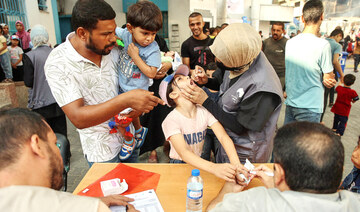 Palestinian medics administer polio vaccines to children at the Al-Daraj neighborhood clinic in Gaza City. (AFP)