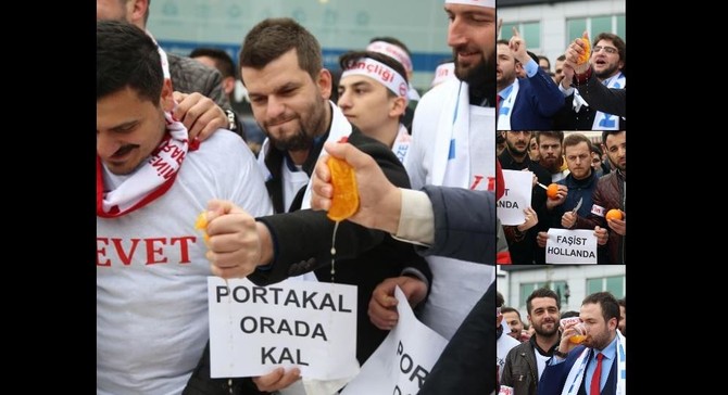 Turks stab oranges, drink juice in anti-Dutch protest