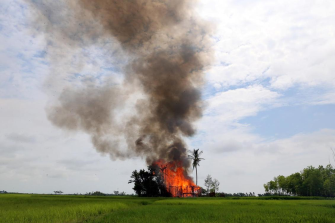 Fires rage in Rakhine as Myanmar army blames Rohingya for mosque blast