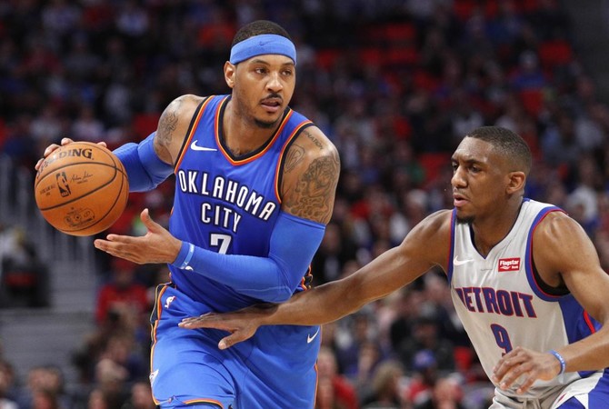 Carmelo Anthony reaches milestone, Oklahoma City Thunder beat Detroit Pistons 121-108